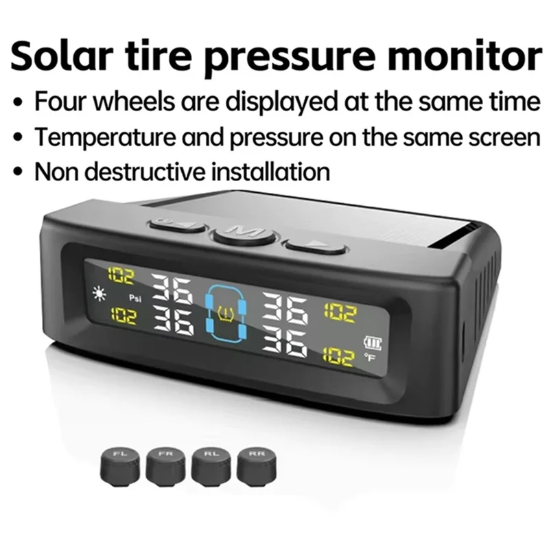 Système de surveillance de la pression des pneus T12 TPMS pour voitures avec affichage en temps réel, charge solaire / USB et 4 capteurs externes