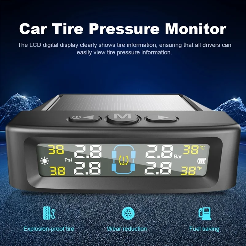 Système de surveillance de la pression des pneus T12 TPMS pour voitures avec affichage en temps réel, charge solaire / USB et 4 capteurs externes