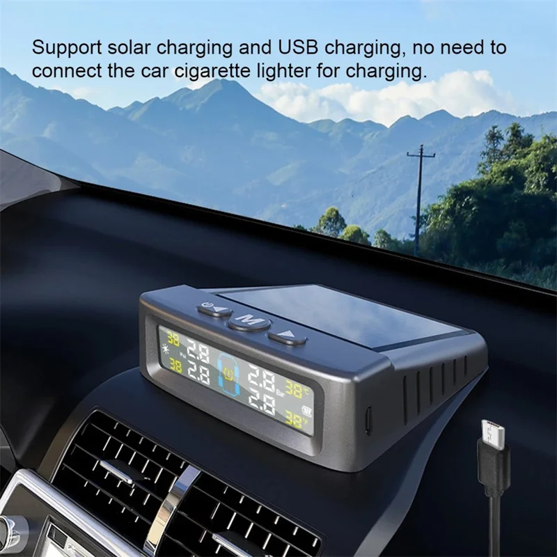 Système de surveillance de la pression des pneus T12 TPMS pour voitures avec affichage en temps réel, charge solaire / USB et 4 capteurs externes
