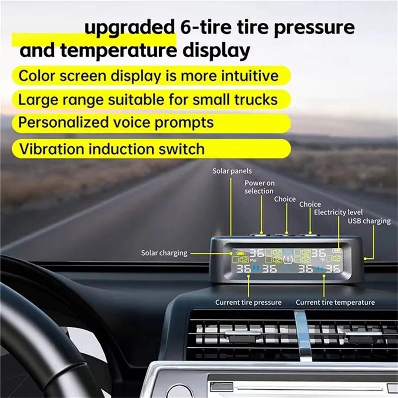 Système de surveillance de la pression des pneus T12 TPMS pour voitures avec affichage en temps réel, charge solaire / USB et 4 capteurs externes