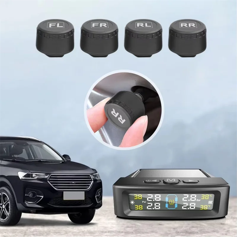 Système de surveillance de la pression des pneus T12 TPMS pour voitures avec affichage en temps réel, charge solaire / USB et 4 capteurs externes