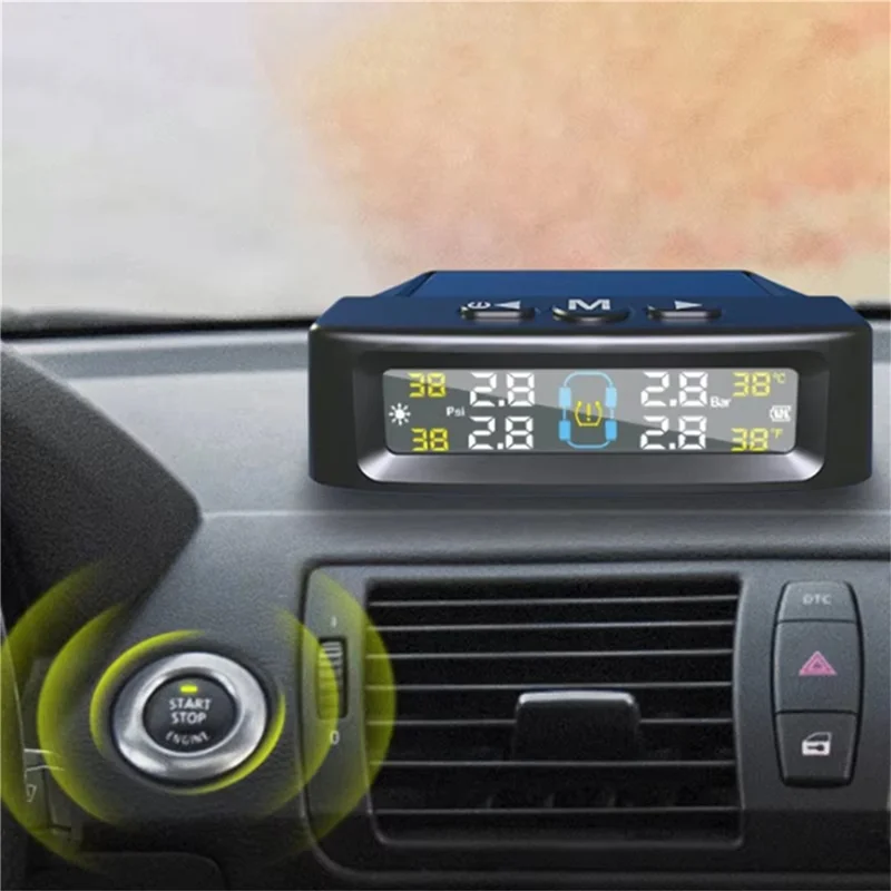 Système de surveillance de la pression des pneus T12 TPMS pour voitures avec affichage en temps réel, charge solaire / USB et 4 capteurs externes