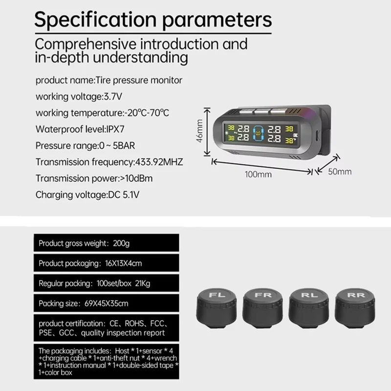 T14 Solar  /  USB Charging Tire Pressure Monitoring System Car TPMS with 4 External Sensors