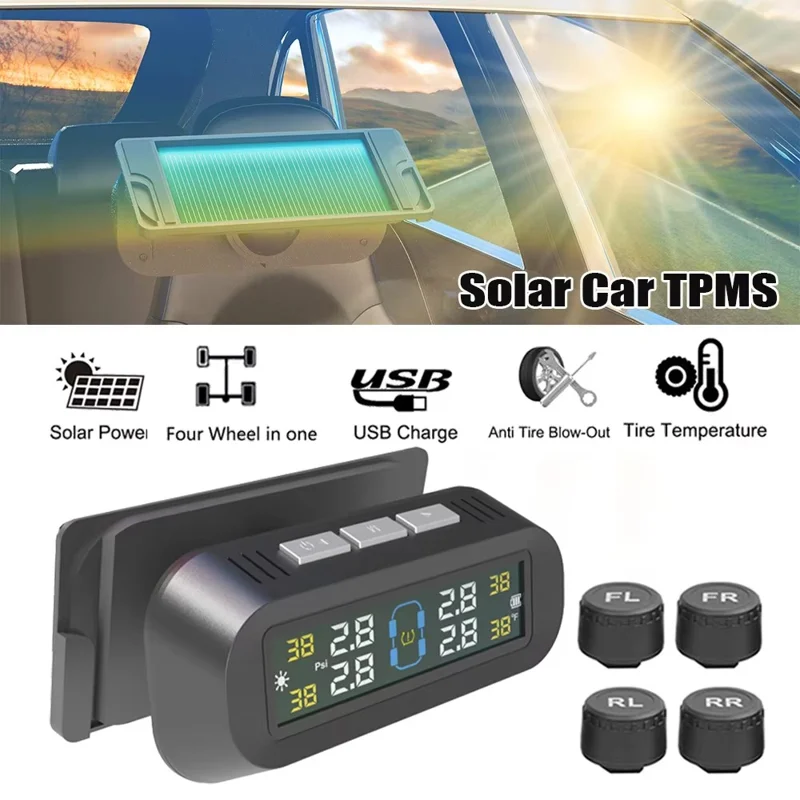 T13 Sistema di Monitoraggio Pressione Pneumatici per Auto con Display in Tempo Reale, Ricarica Solare / USB e 4 Sensori Esterni
