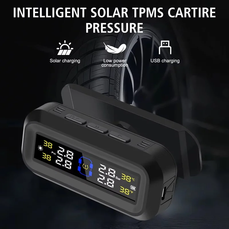 T13 Car TPMS Real Time Display Solar  /  USB Charging Tire Pressure Monitoring System with 4 Internal Sensors