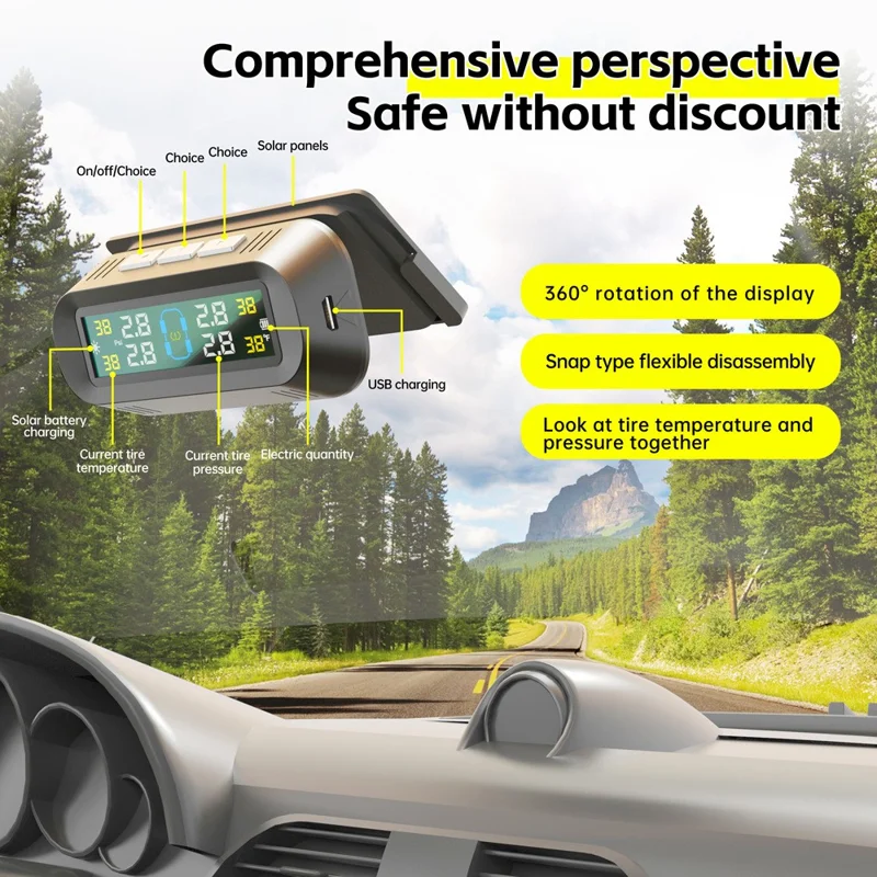 T13 Car TPMS Real Time Display Solar  /  USB Charging Tire Pressure Monitoring System with 4 Internal Sensors