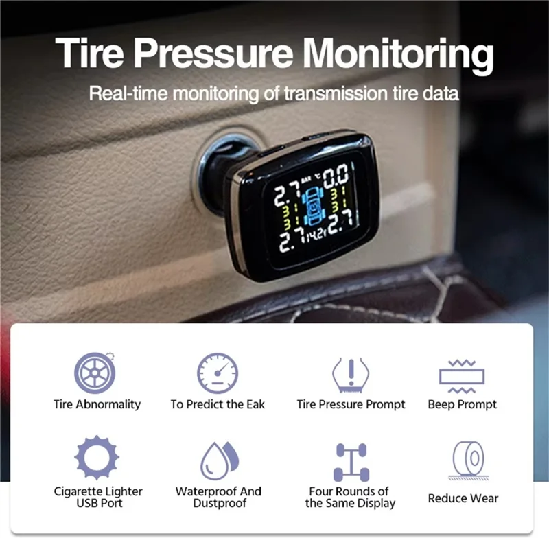 TY09 Car Tire Pressure Monitor TPMS Cigarette Lighter Real-Time Monitoring Device with 4 Internal Sensors
