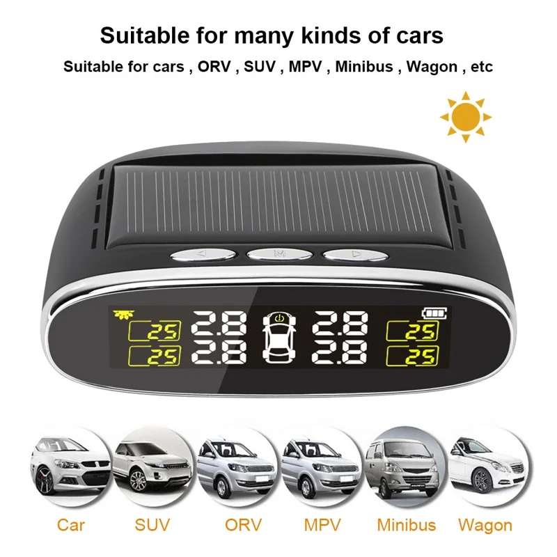 TY07 Solar Powered TPMS Wireless Car Tire Pressure Monitoring System with 4 External Sensors