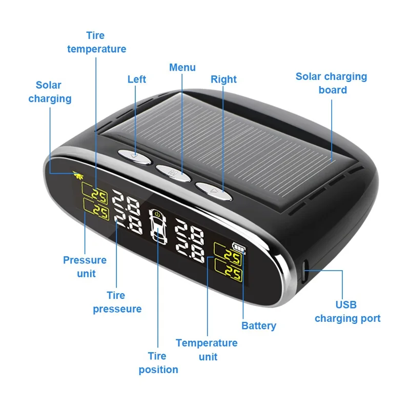 TY07 Solar Powered TPMS Wireless Car Tire Pressure Monitoring System with 4 External Sensors
