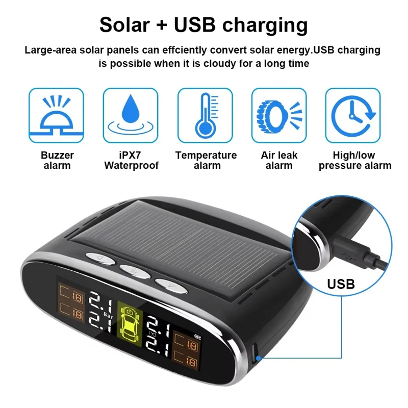 TY07 Solar Powered TPMS Wireless Car Tire Pressure Monitoring System with 4 Internal Sensors