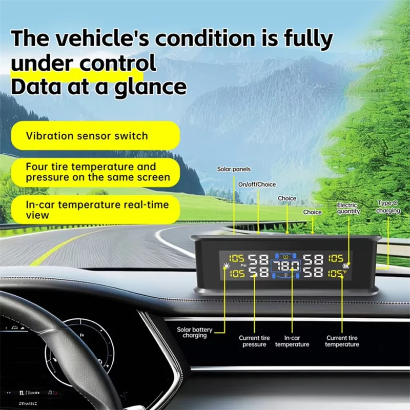 T15 Solar TPMS Car Tire Pressure Cabin Temperature Monitoring System with 4 External Sensors