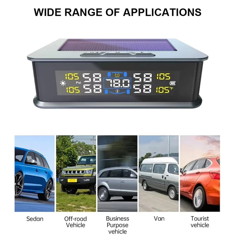 T15 Solar TPMS Car Tire Pressure Cabin Temperature Monitoring System with 4 External Sensors