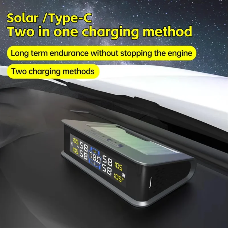 T15 Solar TPMS Car Tire Pressure Cabin Temperature Monitoring System with 4 Internal Sensors