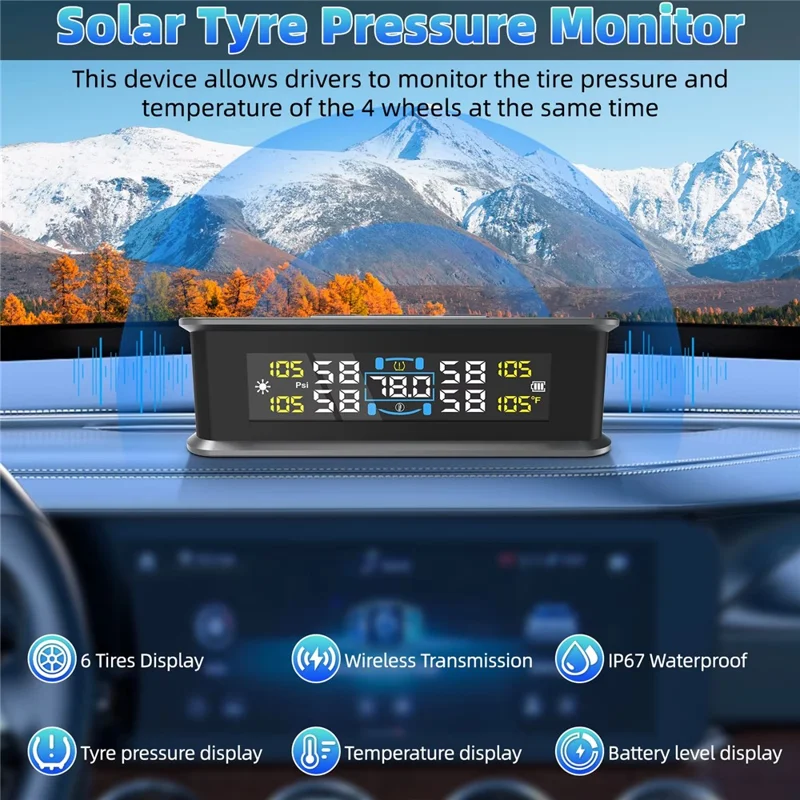 T15 Solar TPMS Car Tire Pressure Cabin Temperature Monitoring System with 4 Internal Sensors