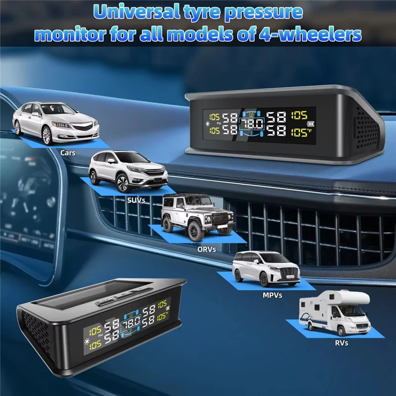 T15 Solar TPMS Car Tire Pressure Cabin Temperature Monitoring System with 4 Internal Sensors