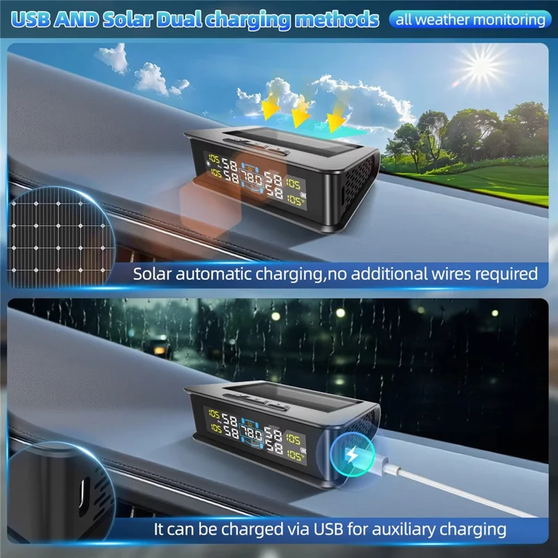 T15 Solar TPMS Car Tire Pressure Cabin Temperature Monitoring System with 4 Internal Sensors