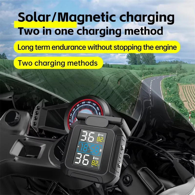 MT20 USB / Solar Charging Motorcycle TPMS Tire Pressure Monitoring System with Real Time Display