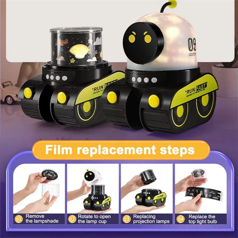 Robot Car with Music 360 Degree Rotation Star Projector Night Light for Kids Bedside Lamp, with 6 Projection Slides