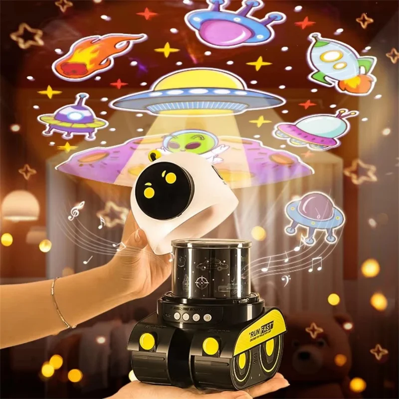 Robot Car with Music 360 Degree Rotation Star Projector Night Light for Kids Bedside Lamp, with 6 Projection Slides
