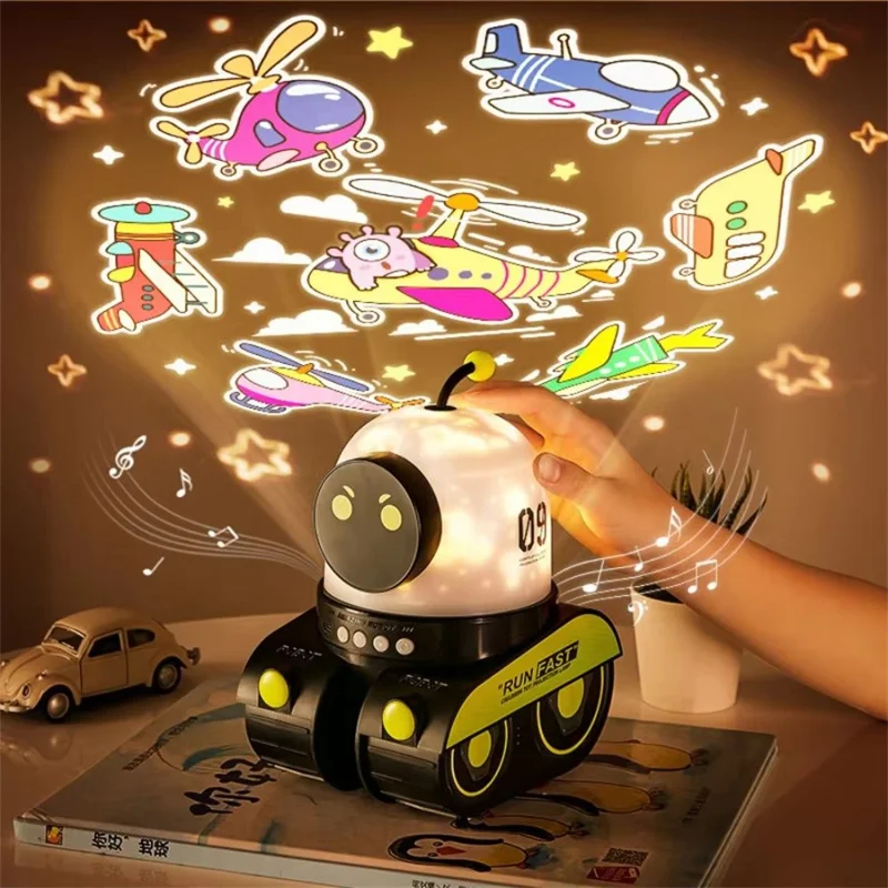 Bluetooth-compatible Robot Car 360 Degree Rotation Star Projector Night Light for Kids Bedside Lamp, with 6 Projection Slides