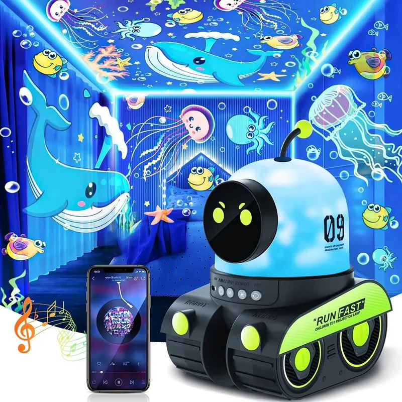 Bluetooth-compatible Robot Car 360 Degree Rotation Star Projector Night Light for Kids Bedside Lamp, with 6 Projection Slides