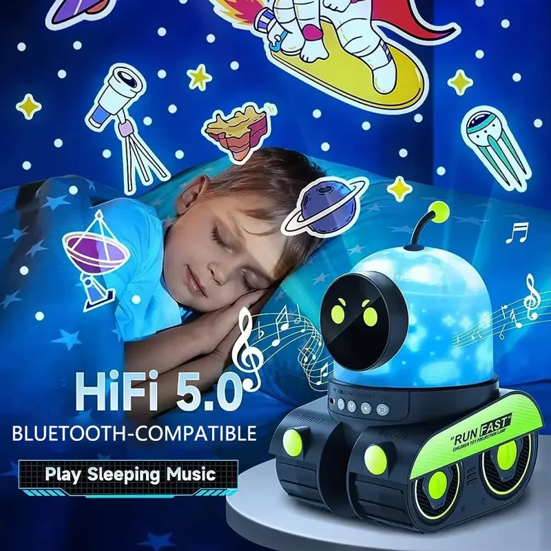 Bluetooth-compatible Robot Car 360 Degree Rotation Star Projector Night Light for Kids Bedside Lamp, with 6 Projection Slides