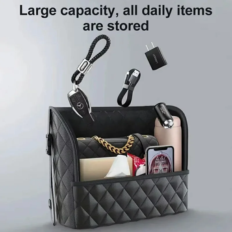 Dual Pocket Design Car Seat Storage Bag Embroidery PU Leather Hanging Organizer Between Back Seats