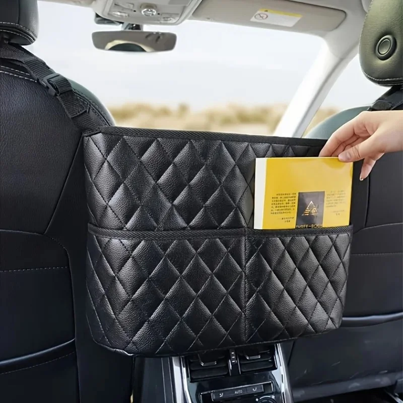 Dual Pocket Design Car Seat Storage Bag Embroidery PU Leather Hanging Organizer Between Back Seats