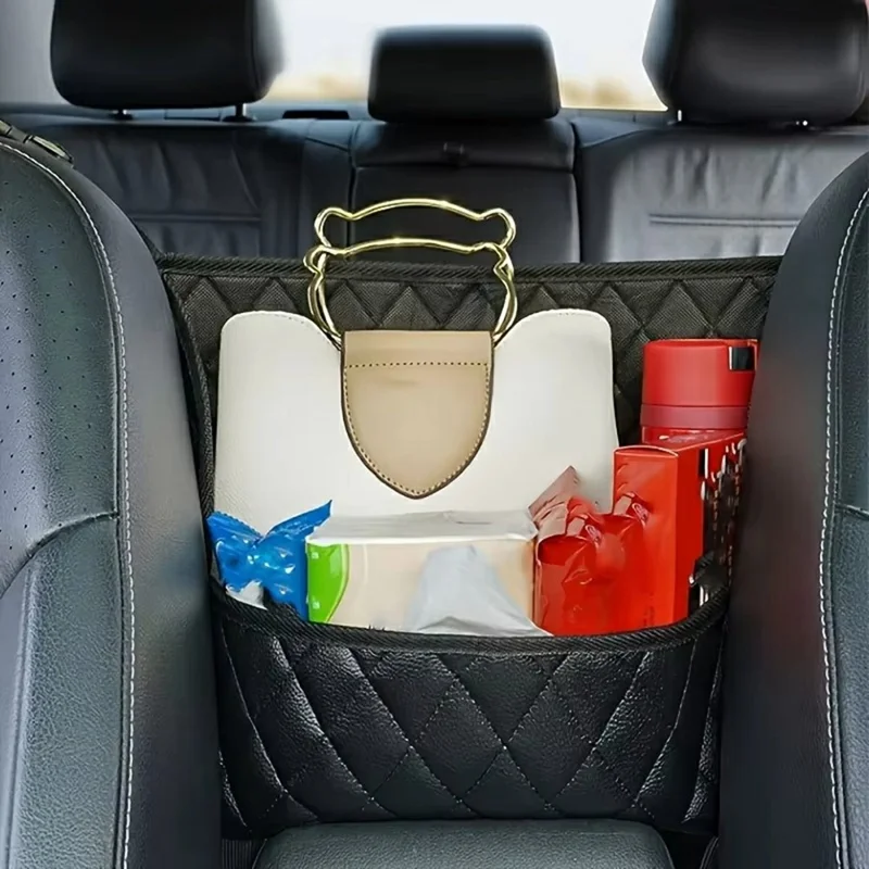 Dual Pocket Design Car Seat Storage Bag Embroidery PU Leather Hanging Organizer Between Back Seats