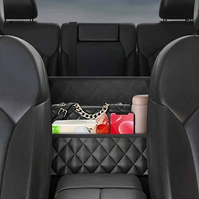 Dual Pocket Design Car Seat Storage Bag Embroidery PU Leather Hanging Organizer Between Back Seats