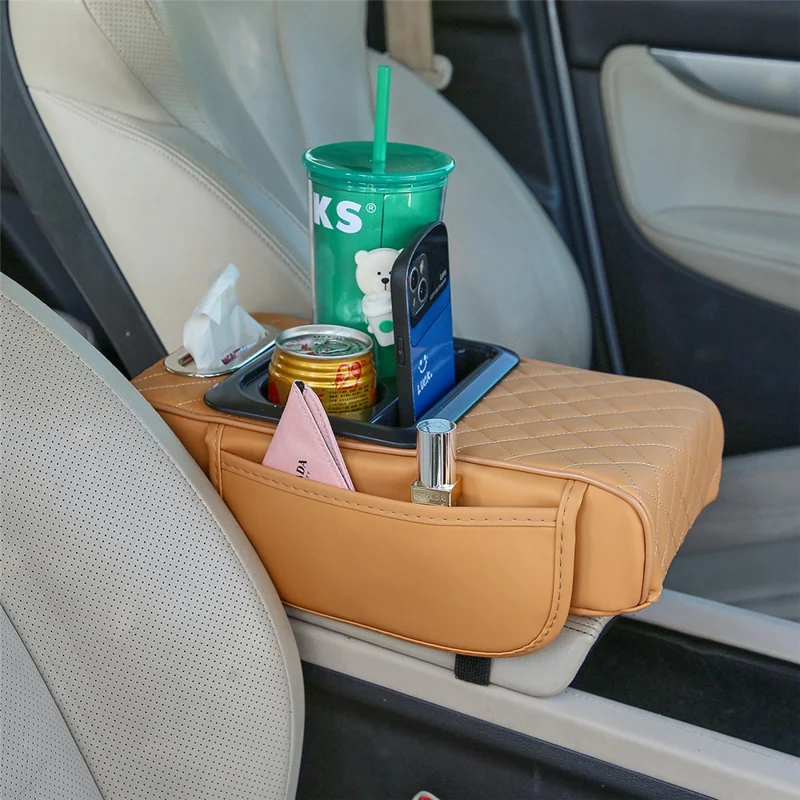 Organizador de Apoio de Braço Universal para Carro com Porta-Copos e Porta-Lenços em Couro PU - Amarelo
