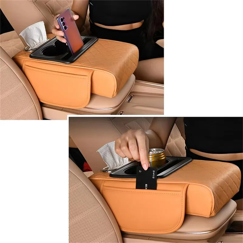 Organizador de Apoio de Braço Universal para Carro com Porta-Copos e Porta-Lenços em Couro PU - Amarelo