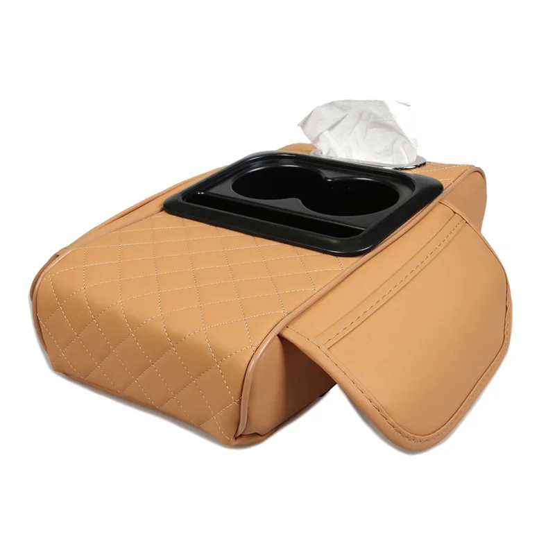 Organizador de Apoio de Braço Universal para Carro com Porta-Copos e Porta-Lenços em Couro PU - Amarelo