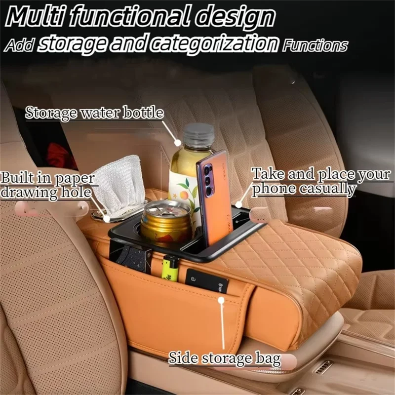 Organizador de Apoio de Braço Universal para Carro com Porta-Copos e Porta-Lenços em Couro PU - Amarelo