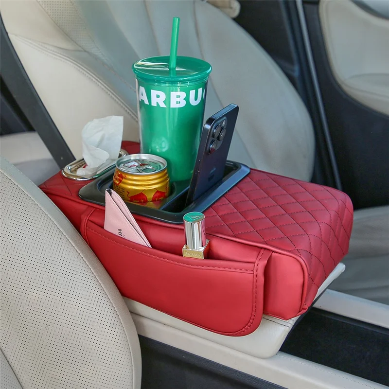 Universal Car Armrest Pad Storage Organizer PU Leather Tissue Box Central Cup Holder - Wine Red