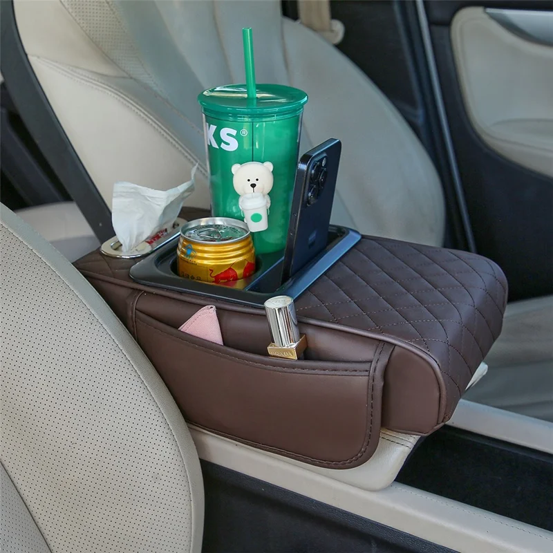 Universal Car Armrest Pad Storage Organizer PU Leather Tissue Box Central Cup Holder - Coffee