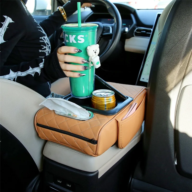 Universal Car Armrest Pad Storage Organizer PU Leather Tissue Box Central Cup Holder - Coffee