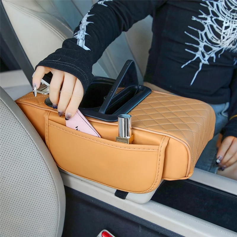 Universal Car Armrest Pad Storage Organizer PU Leather Tissue Box Central Cup Holder - Coffee
