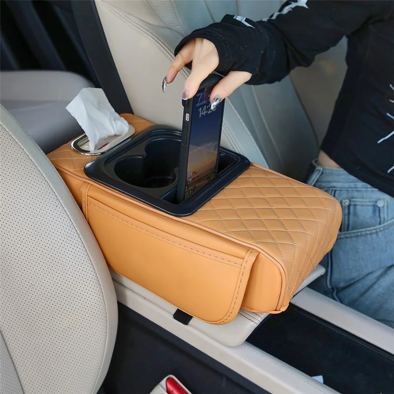 Universal Car Armrest Pad Storage Organizer PU Leather Tissue Box Central Cup Holder - Coffee