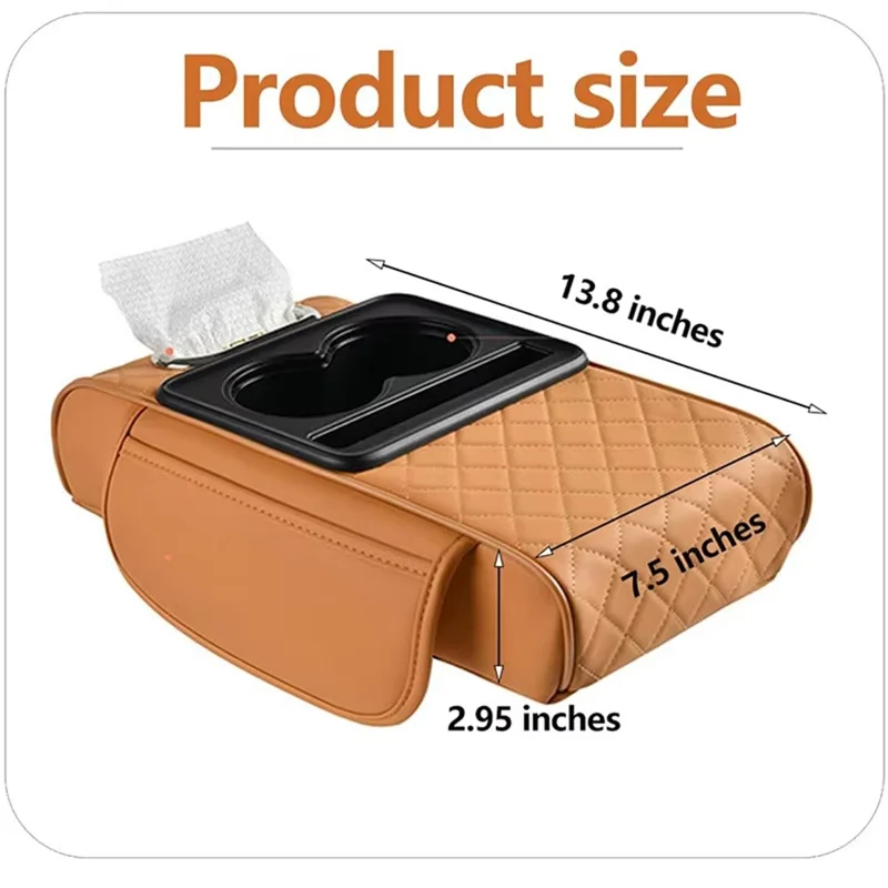 Universal Car Armrest Pad Storage Organizer PU Leather Tissue Box Central Cup Holder - Coffee