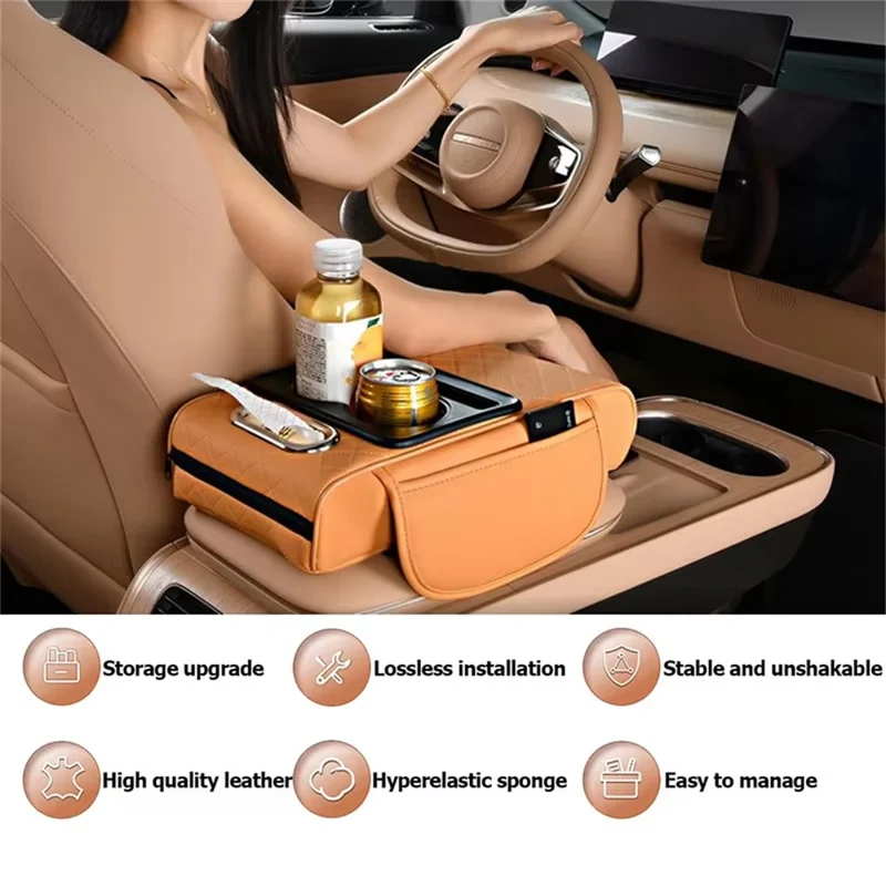 Universal Car Armrest Pad Storage Organizer PU Leather Tissue Box Central Cup Holder - Coffee
