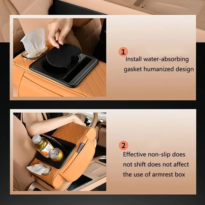 Universal Car Armrest Pad Storage Organizer PU Leather Tissue Box Central Cup Holder - Coffee