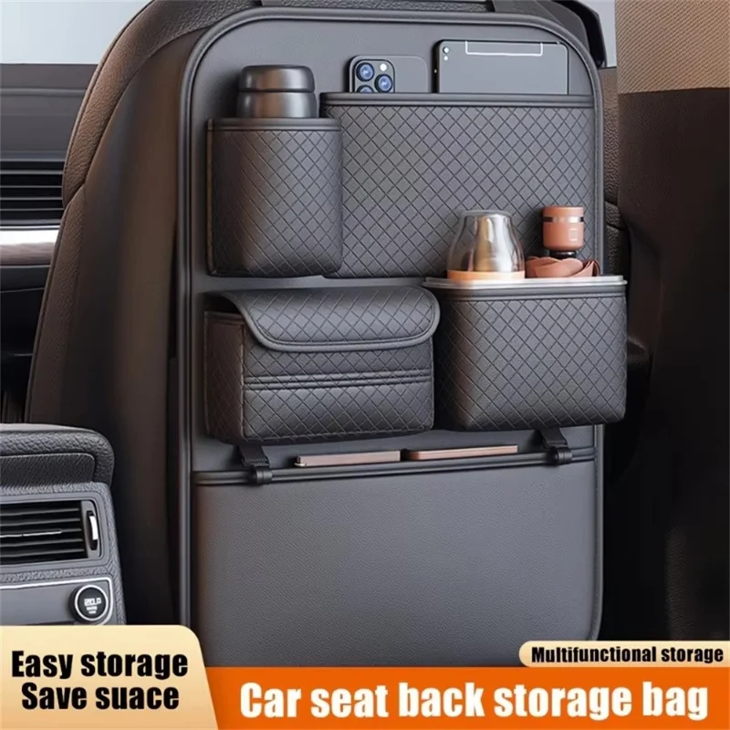Organizador de asiento de coche con textura de rombos de cuero PU, bolsa de almacenamiento multibolsillos para botella de agua / soporte de paraguas