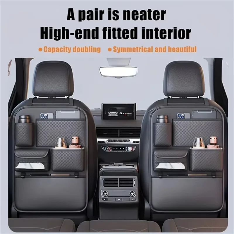 Organizador de asiento de coche con textura de rombos de cuero PU, bolsa de almacenamiento multibolsillos para botella de agua / soporte de paraguas