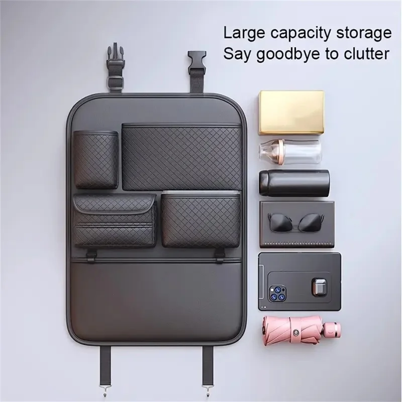 Organizador de asiento de coche con textura de rombos de cuero PU, bolsa de almacenamiento multibolsillos para botella de agua / soporte de paraguas