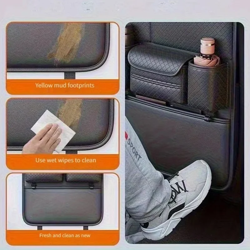 Organizador de asiento de coche con textura de rombos de cuero PU, bolsa de almacenamiento multibolsillos para botella de agua / soporte de paraguas
