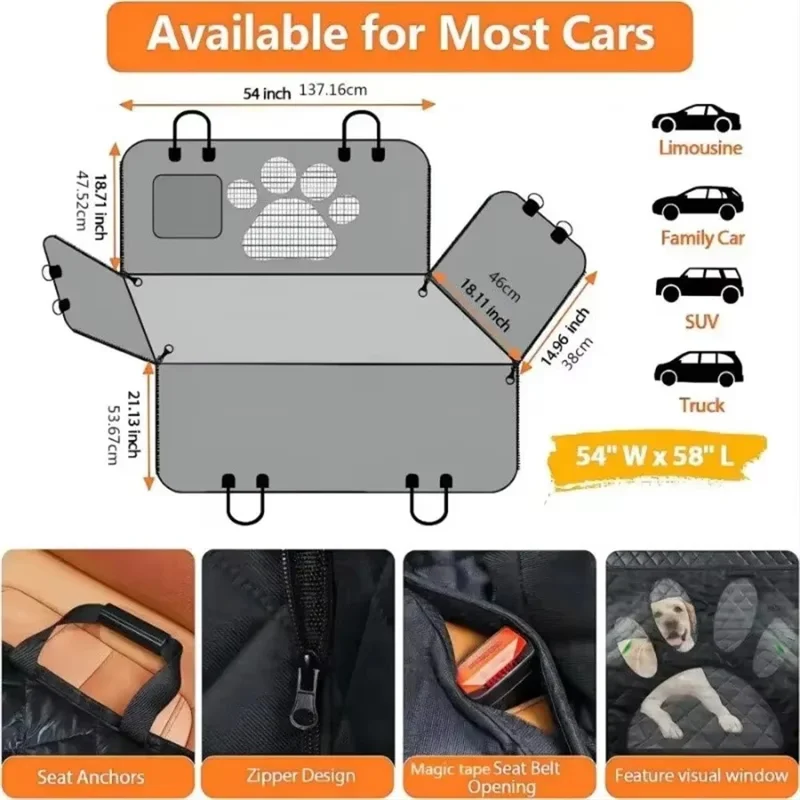 Copertura per sedile auto per animali domestici a forma di zampa, con rete per finestra, impermeabile in tessuto Oxford 600D, amaca per cani