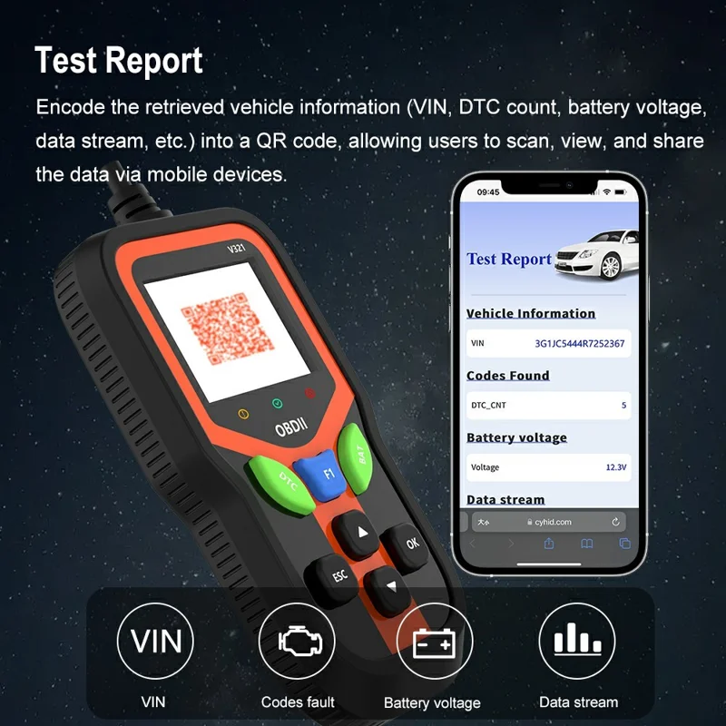 V321 2,4 Zoll Farbdisplay OBD2 Kfz-Diagnosescanner Motor-Fehlercodeleser Batterie-Gesundheitstest-Gerät