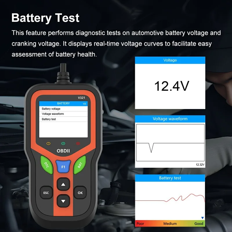 V321 2,4 Zoll Farbdisplay OBD2 Kfz-Diagnosescanner Motor-Fehlercodeleser Batterie-Gesundheitstest-Gerät