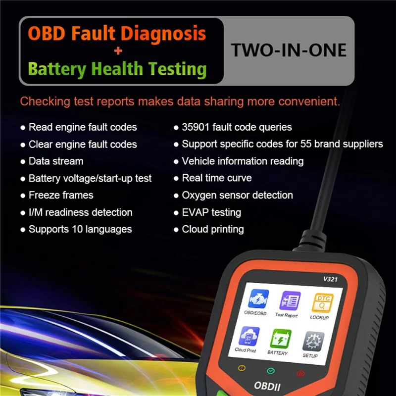 V321 2,4 Zoll Farbdisplay OBD2 Kfz-Diagnosescanner Motor-Fehlercodeleser Batterie-Gesundheitstest-Gerät